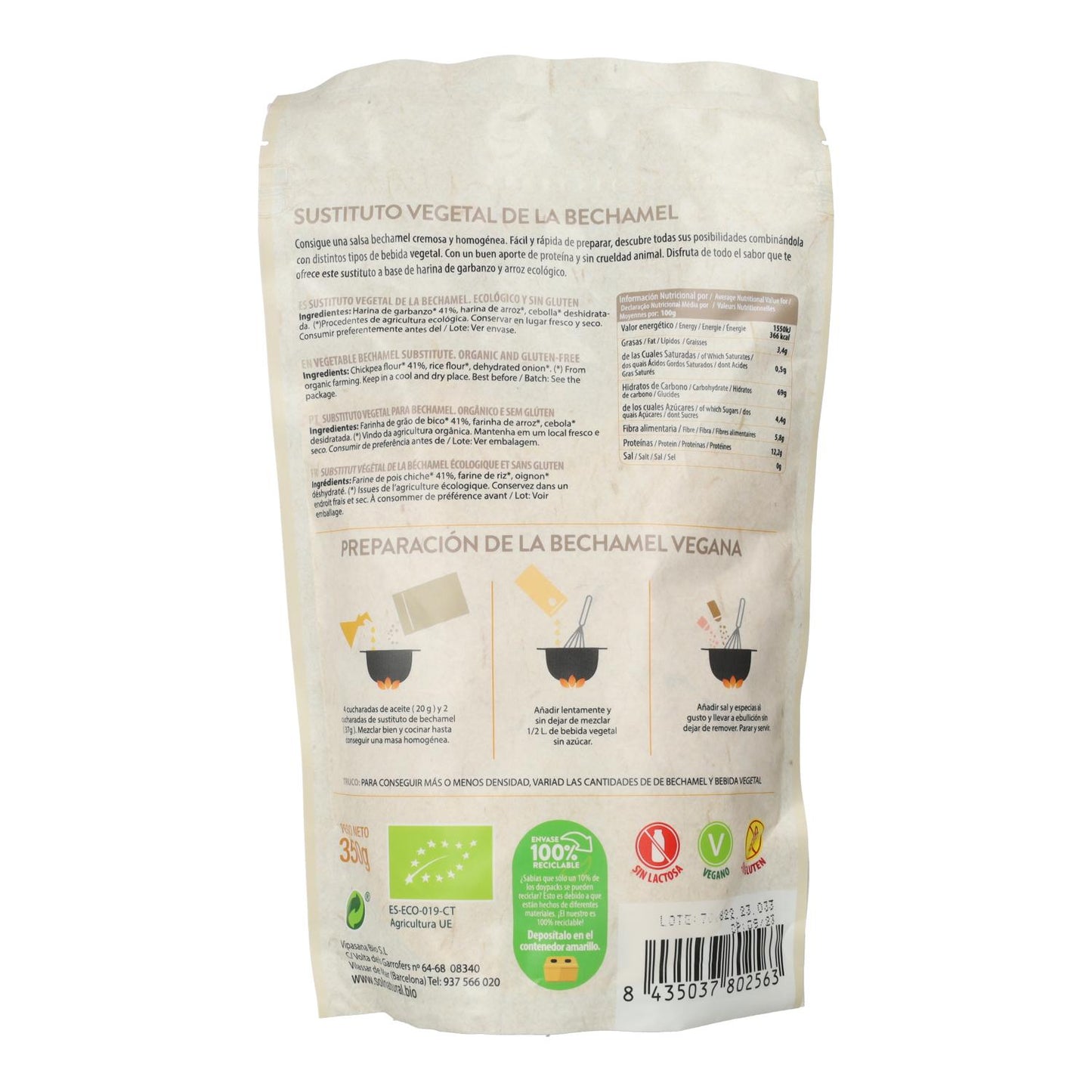 Bechamel em pó vegan sem glúten biológico Sol Natural 350 g