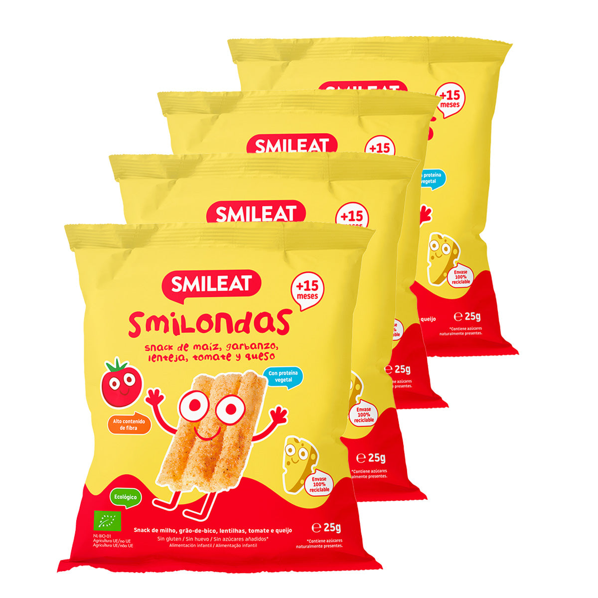 Pack de 4 Salgadinhos Smilondas com Milho, Grão de Bico, Lentilha, Tomate e Queijo Biológico, Smileat, 25 g