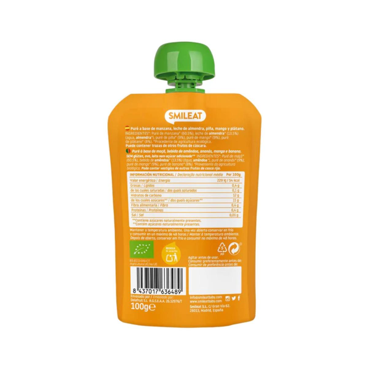 Embalagem com 10 saquetas de leite de amêndoa, manga e ananás Smileat ECO 100g