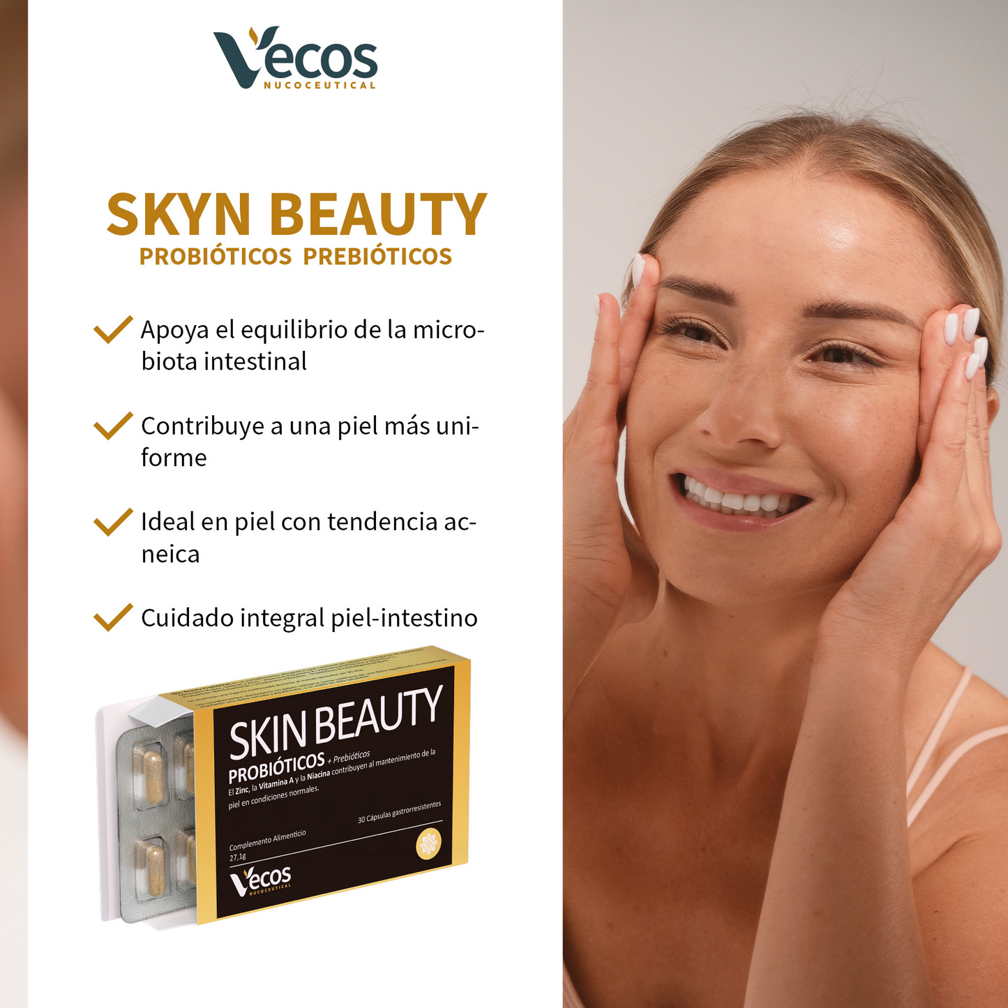 Skin Beauty Probióticos Vecos 30 Cápsulas | Para Piel Con Imperfecciones Y Brotes De Acné | 9 Billones Ufc + Fos_3