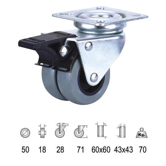 Rueda Doméstica Doble Poliamida Gris Placa Con Freno   50mm