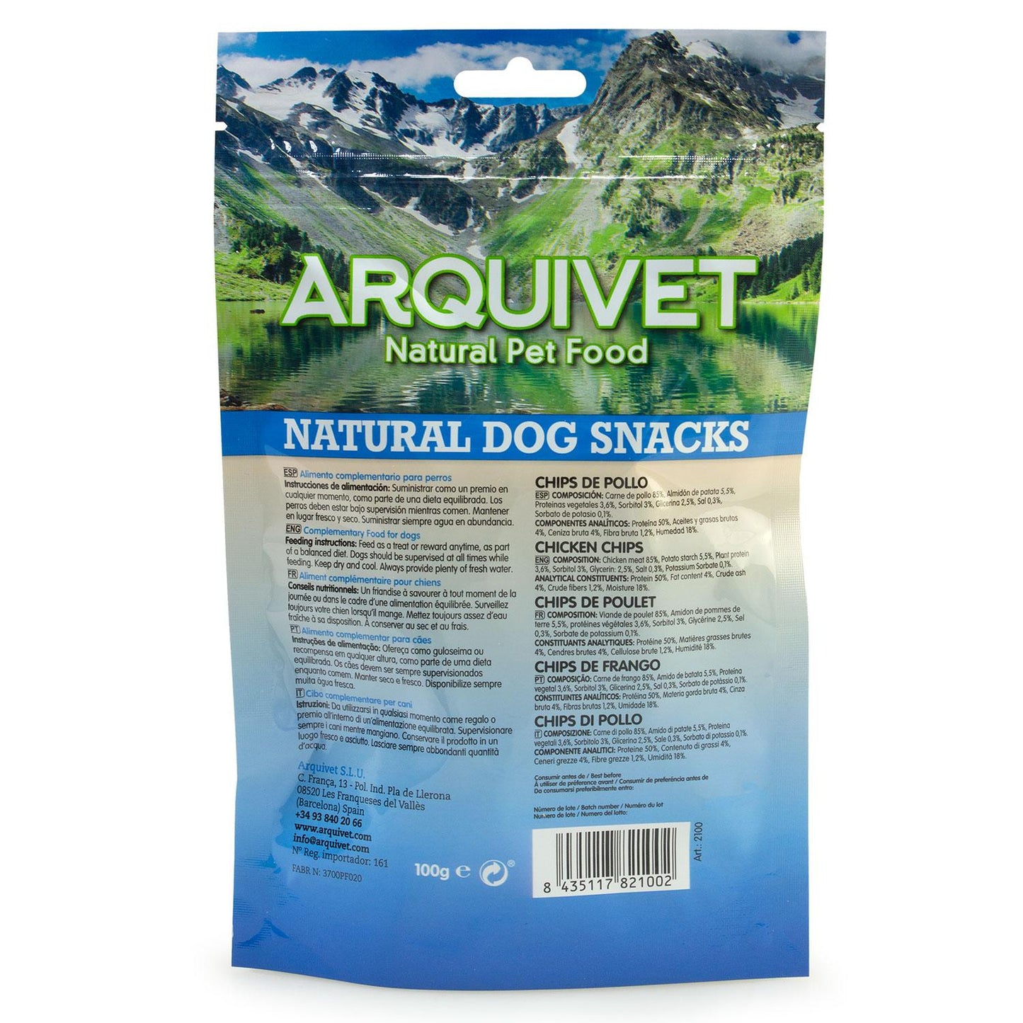 Petisco natural para cães Arquivet chips de frango 100 g