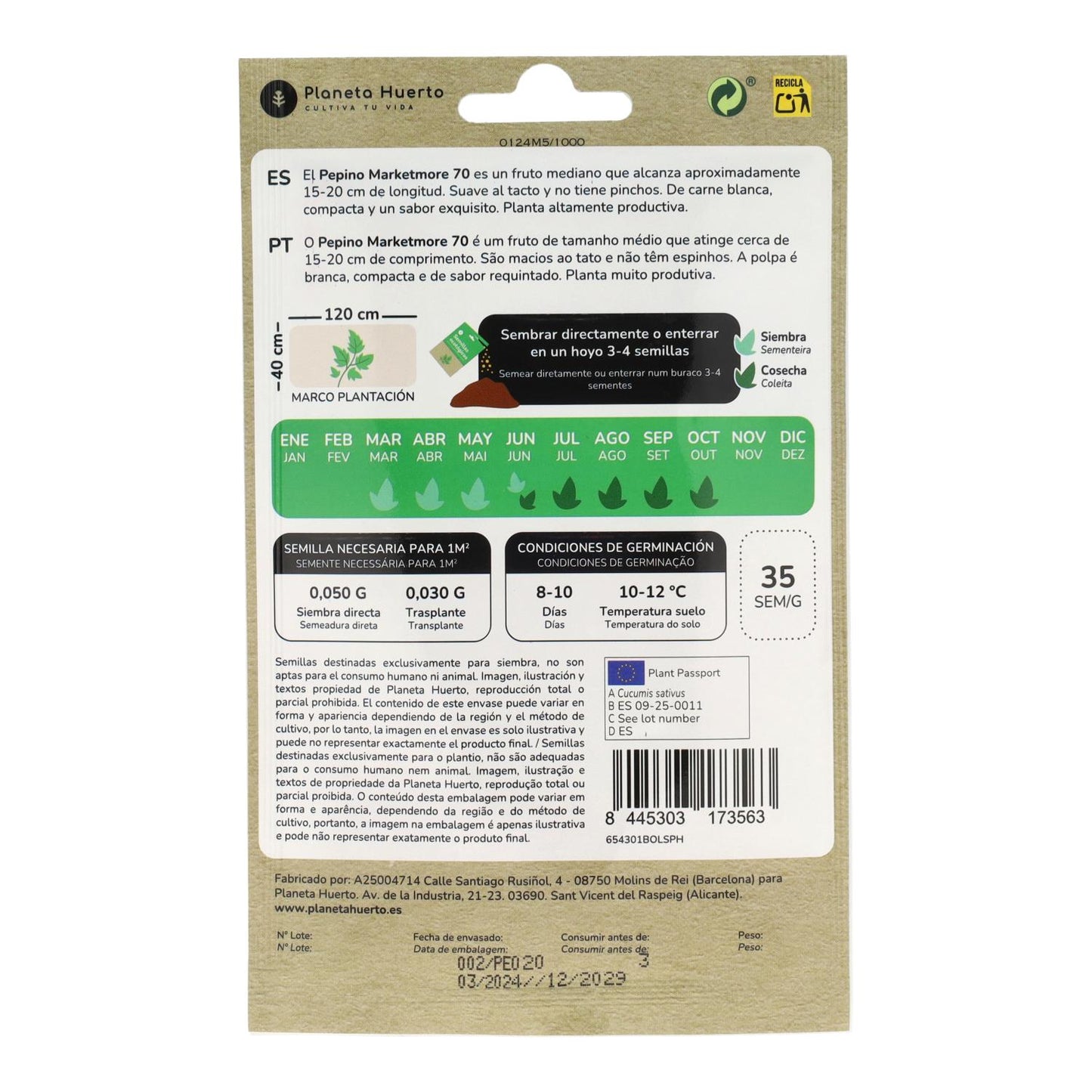 Sementes de pepino biológicas da Planeta Huerto