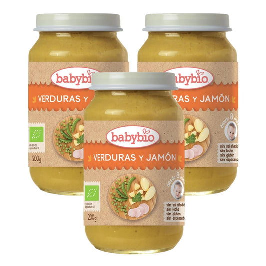 Embalagem de 3 frascos de menu tradicional com legumes e fiambre, 200 g. Babybio