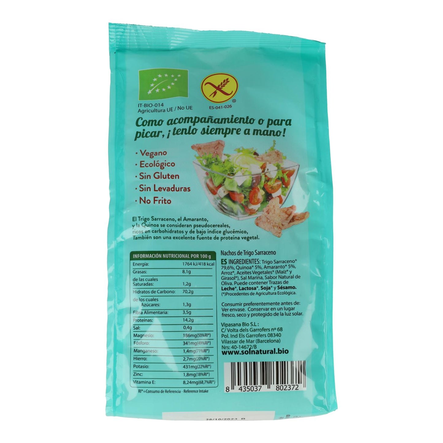 Nachos de Trigo Sarraceno com Amaranto e Quinoa BIO sem glúten Sol Natural 80 g