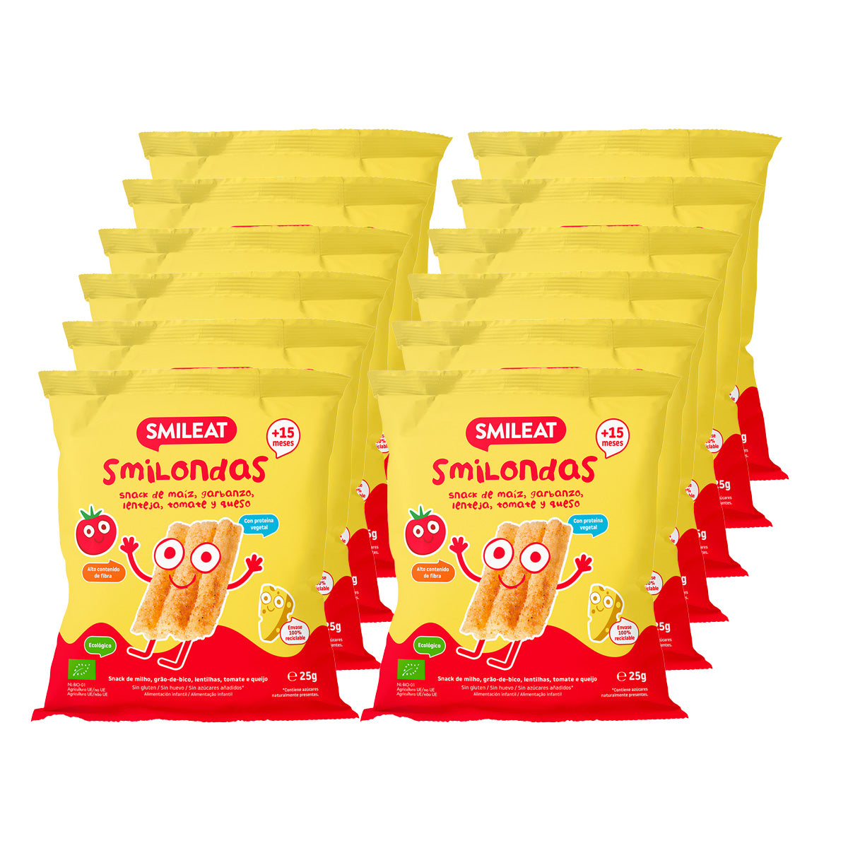 Embalagem de 12 snacks Smilondas com milho, grão-de-bico, lentilhas, tomate e queijo biológico, Smileat, 25 g