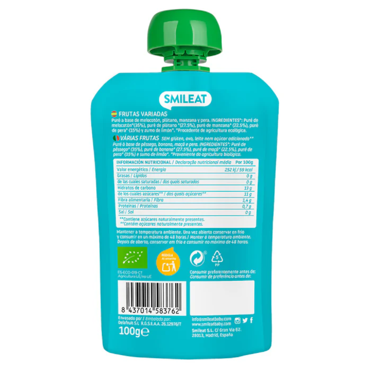 Embalagem de 10 saquetas de frutas sortidas biológicas Smileat 100 g