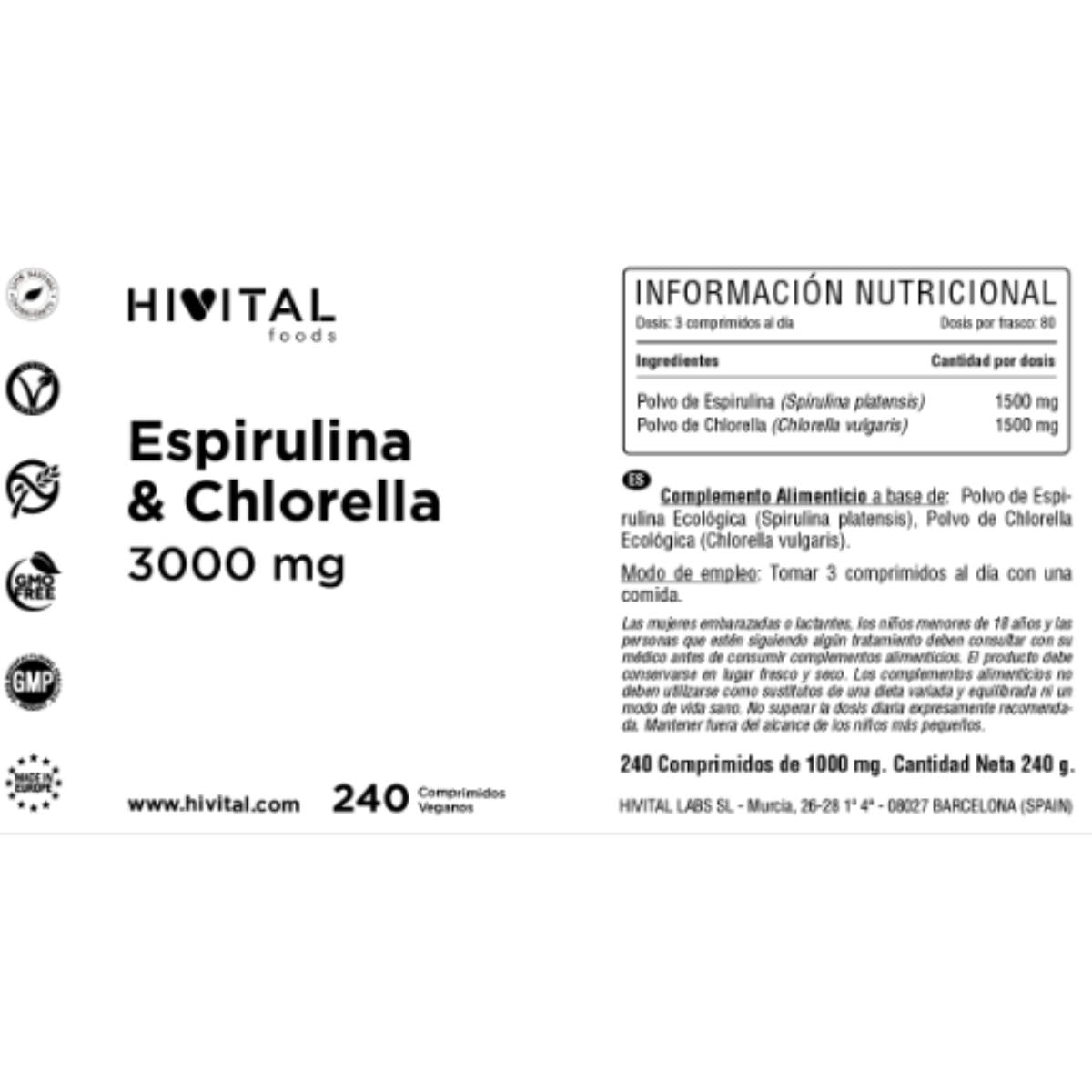 Espirulina e Chlorella 3000 mg 240 comprimidos vegan