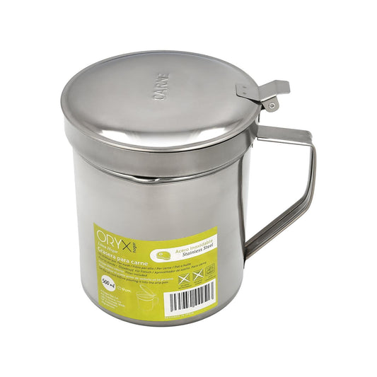 Grasera Acero Inoxidable Para Carne, Aceitera Aceite Usado 0,5 Lts. Con Colador Y Tapa, Recipiente Reciclaje Aceite Usado Carne