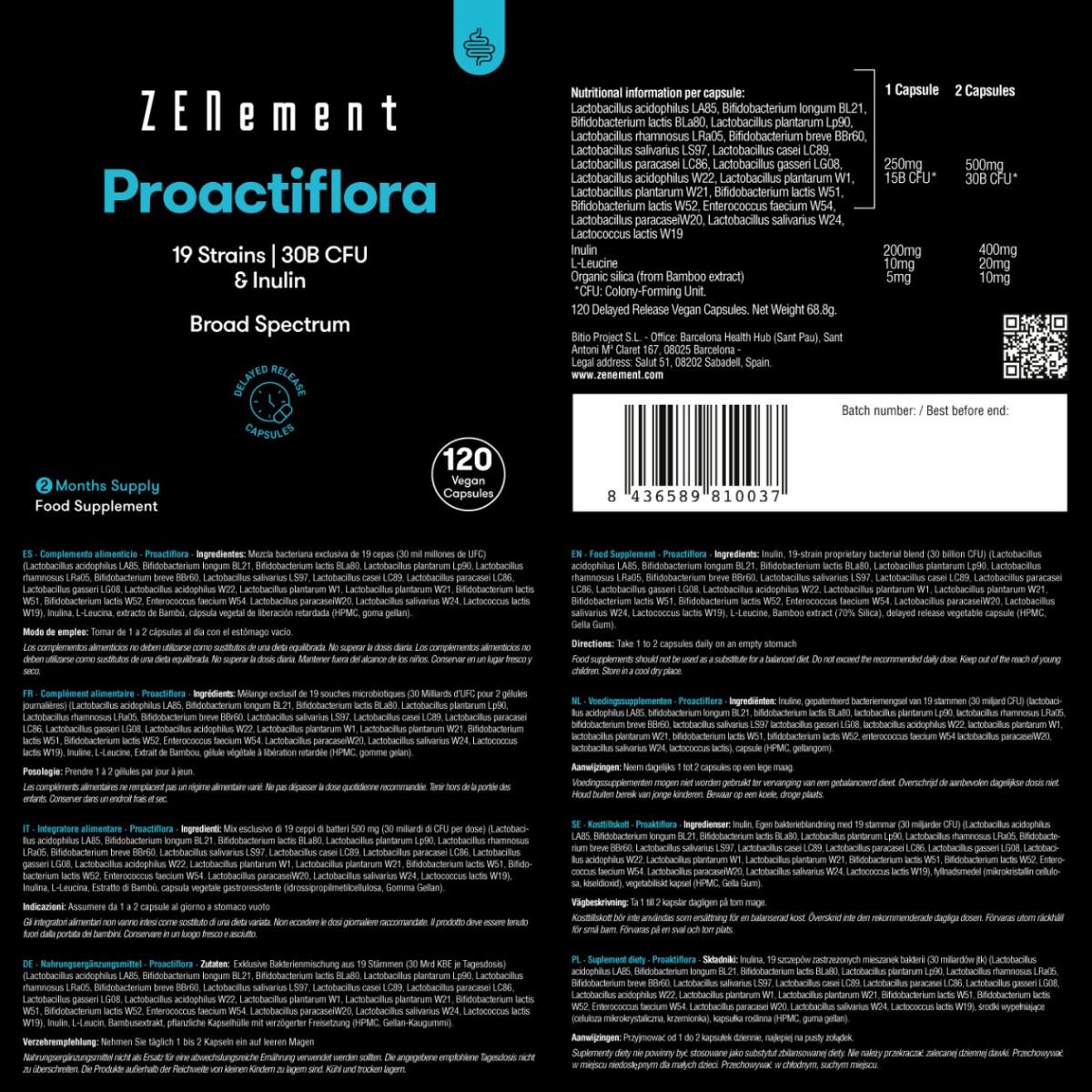 Proactiflora, 19 estirpes + inulina, cápsulas gastrorresistentes Zenement, 120 comprimidos