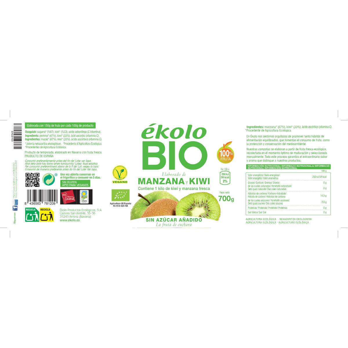 Elaborado com Maçã e Kiwi Biológicos sem adição de açúcar Ékolo 700 g