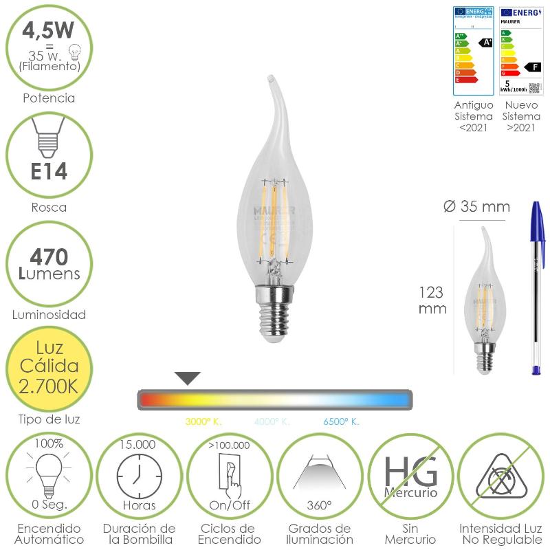Bombilla Led Filamento Vela Llama E14. 4,5 Watt. Equivale A 35 Watt. 470 Lumenes. Luz Calida 2700º K._0
