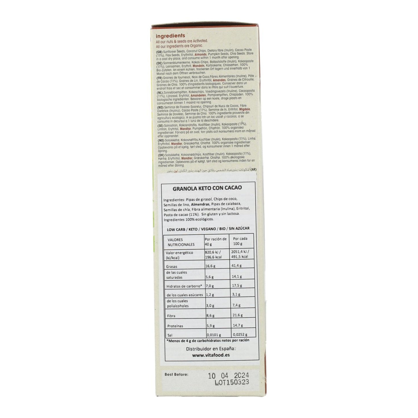 Granola de cacau biológica cetogénica LOW CARB 250g