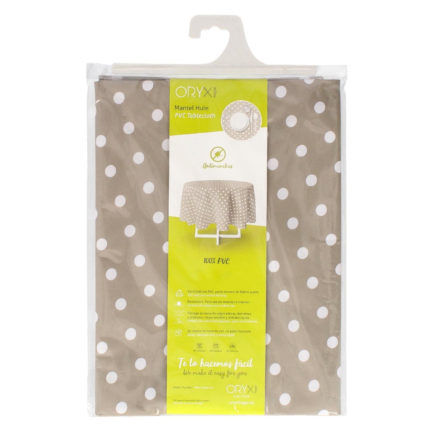 Mantel Hule Redondo Topos Beige Impermeable Antimanchas Pvc Ø140 Cm. Uso Interior Y Exterior