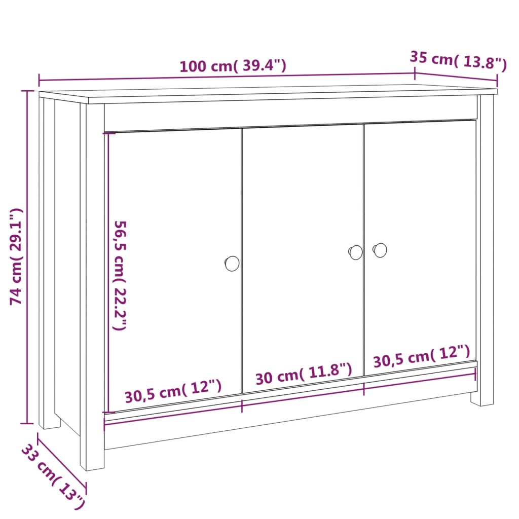 Aparador De Madera Maciza De Pino Blanco 100x35x74 Cm / Vetonek_5