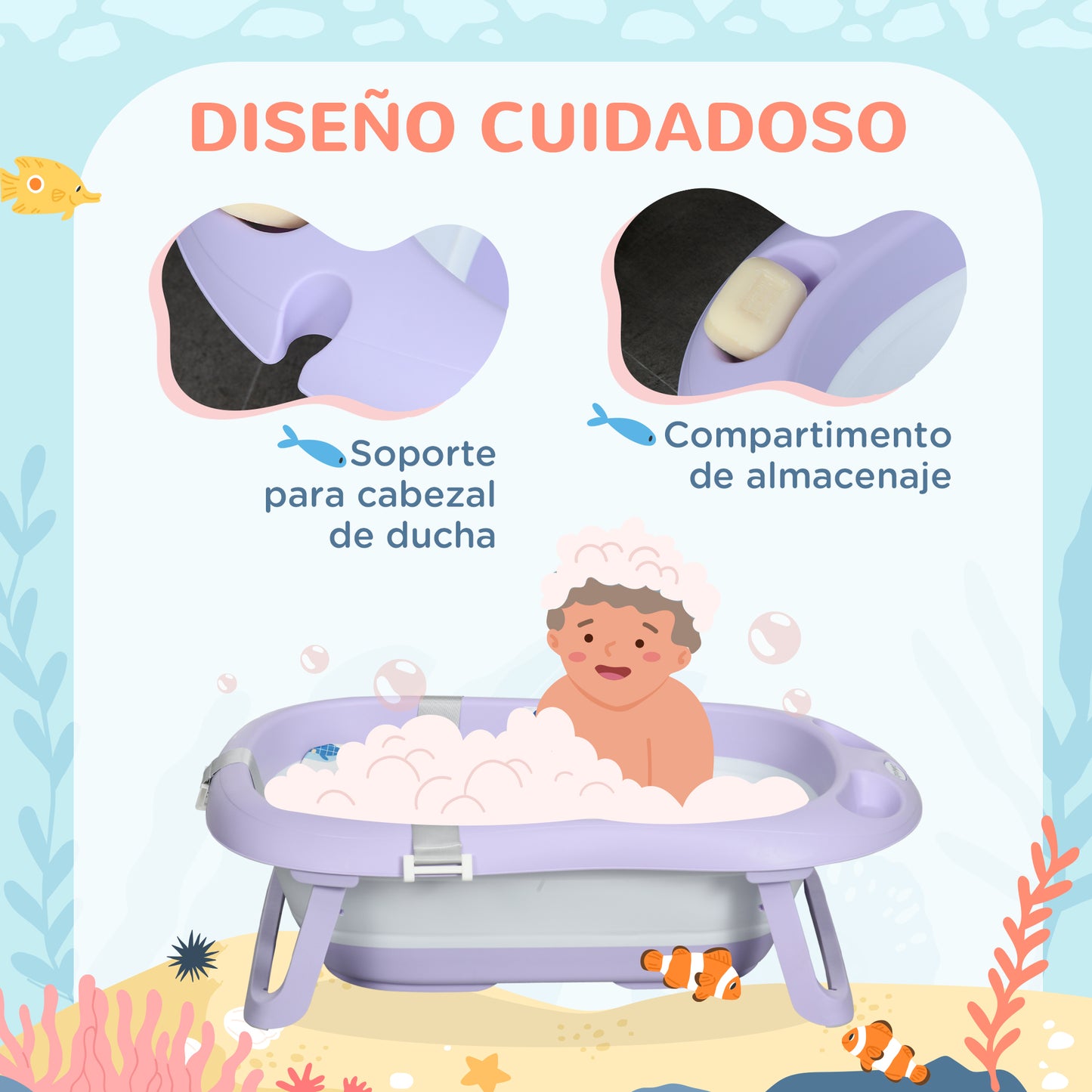 Zonekiz Bañera Plegable Bebé Con Cojín Agujero De Ducha 83x48x23,5 Cm Púrpura_5