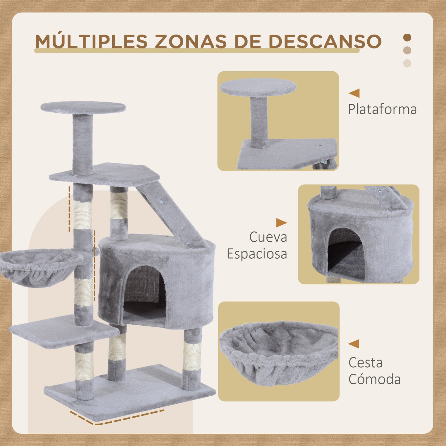 Pawhut Rascador Árbol Para Gatos Grande 55x40x125cm Postes Escalera Hamaca Gris_5