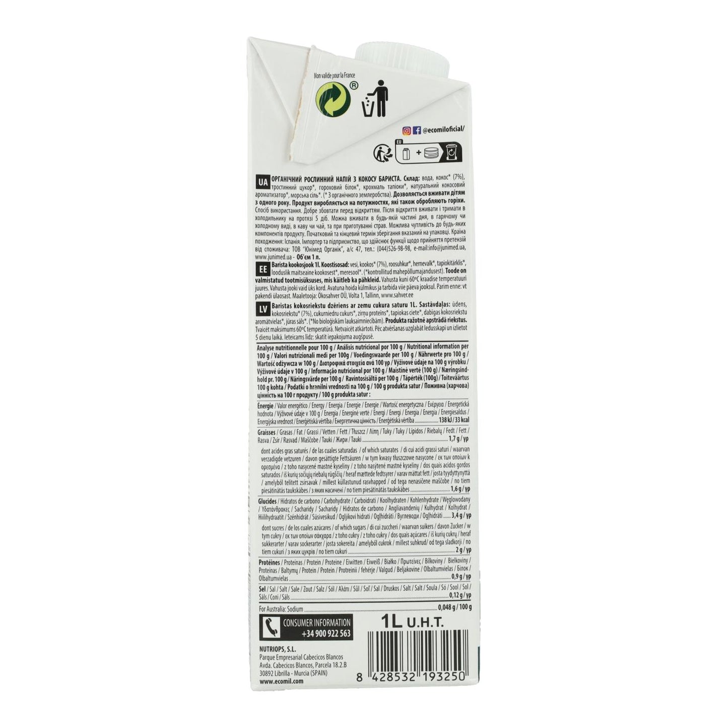 Pack de 6 Bebidas de Coco Barista Biológicas EcoMil 1L