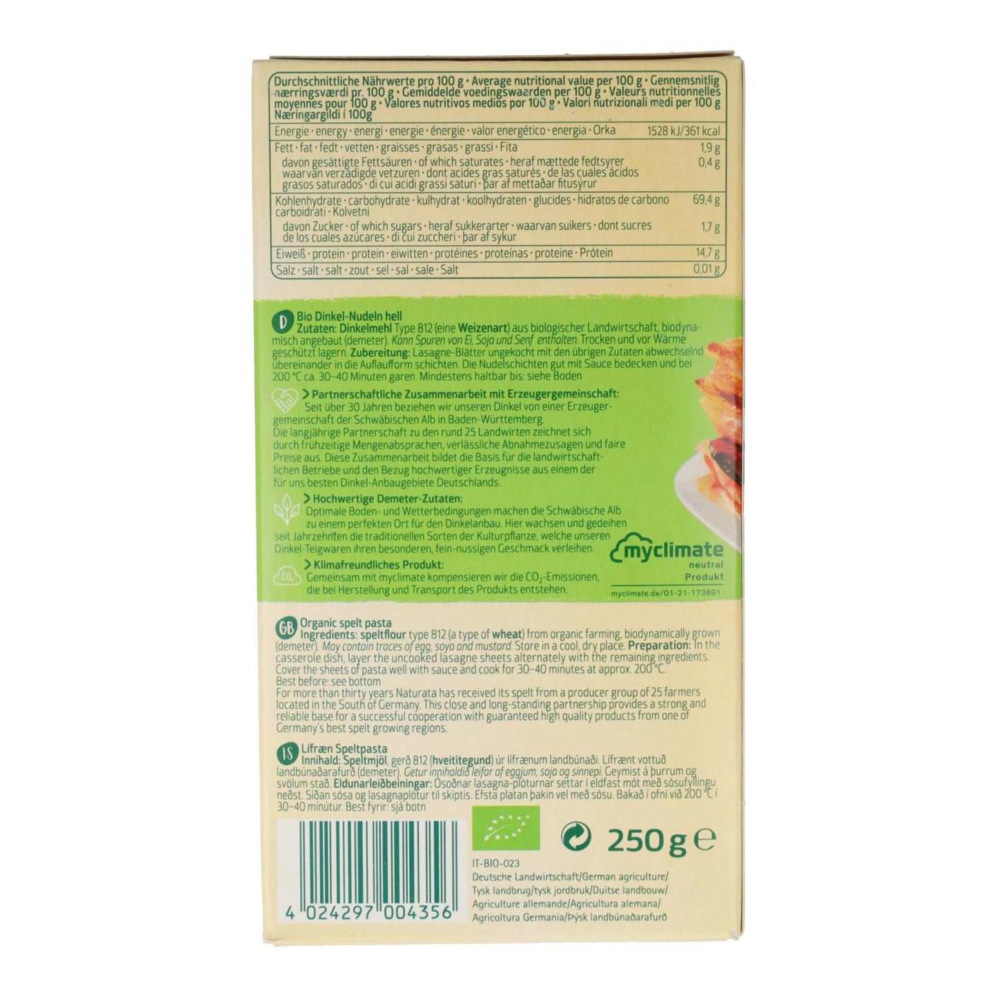 Folhas de Lasanha de Espelta Demeter Naturata 250 g