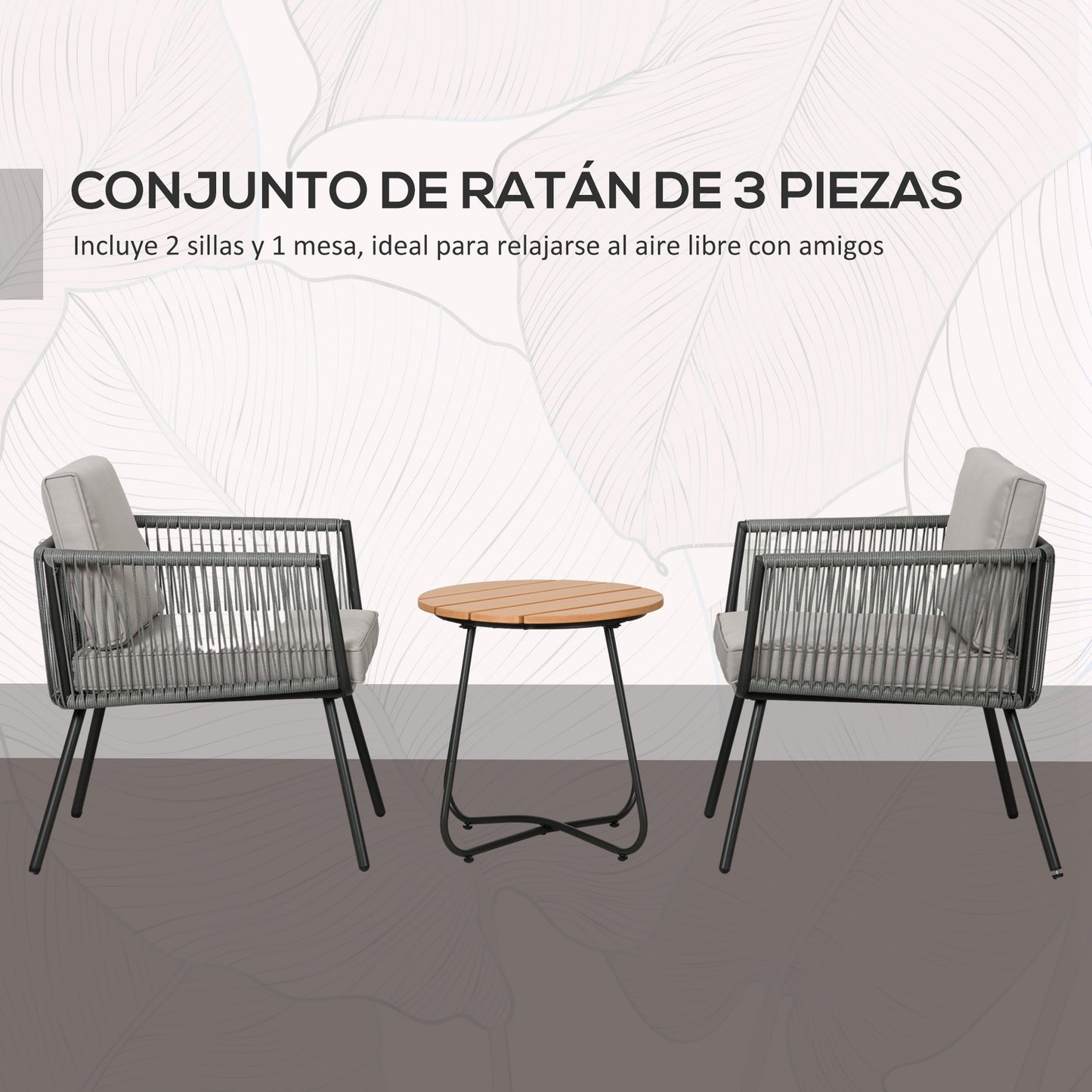 Outsunny Conjunto De Muebles De Jardín De Ratán Con 1 Mesa De Centro 2 Sillones_5