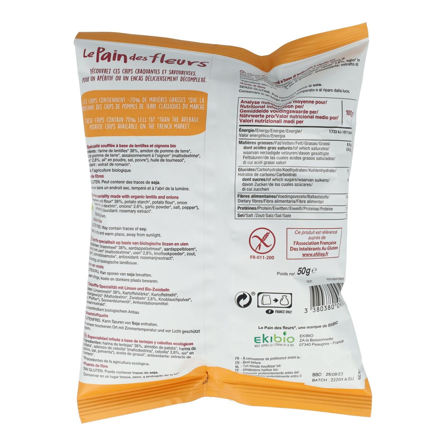 Chips de lentilhas sem glúten com cebola Le Pain des Fleurs 50 g