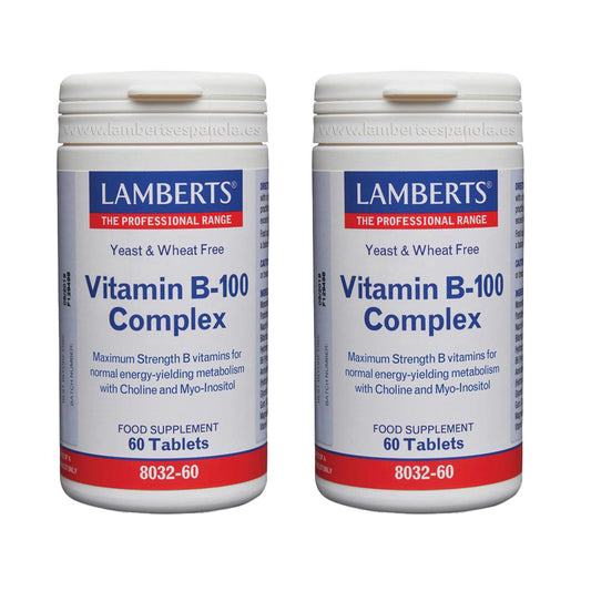 Embalagem 2x Complexo de Vitamina B-100, Lamberts, 60 comprimidos