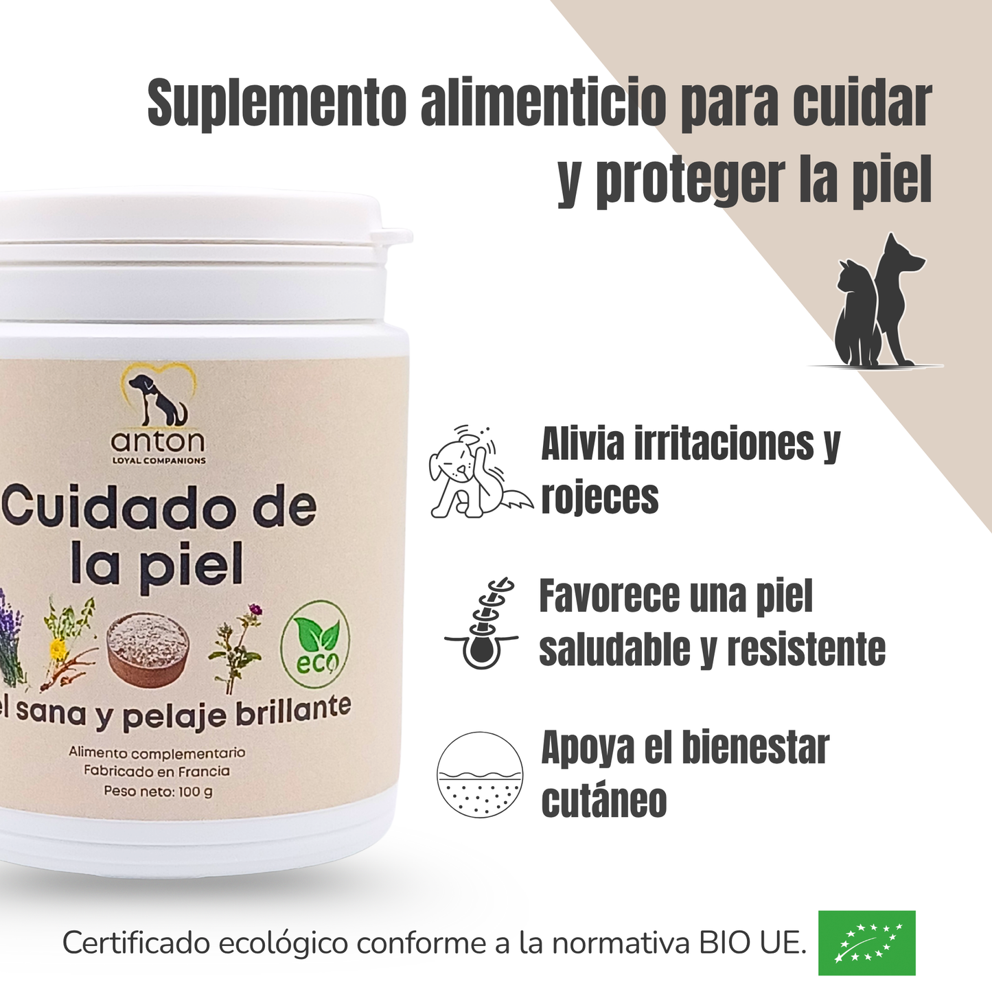 Suplemento natural para perros y gatos – Fórmula Cuidado de la Piel ECO 100 g