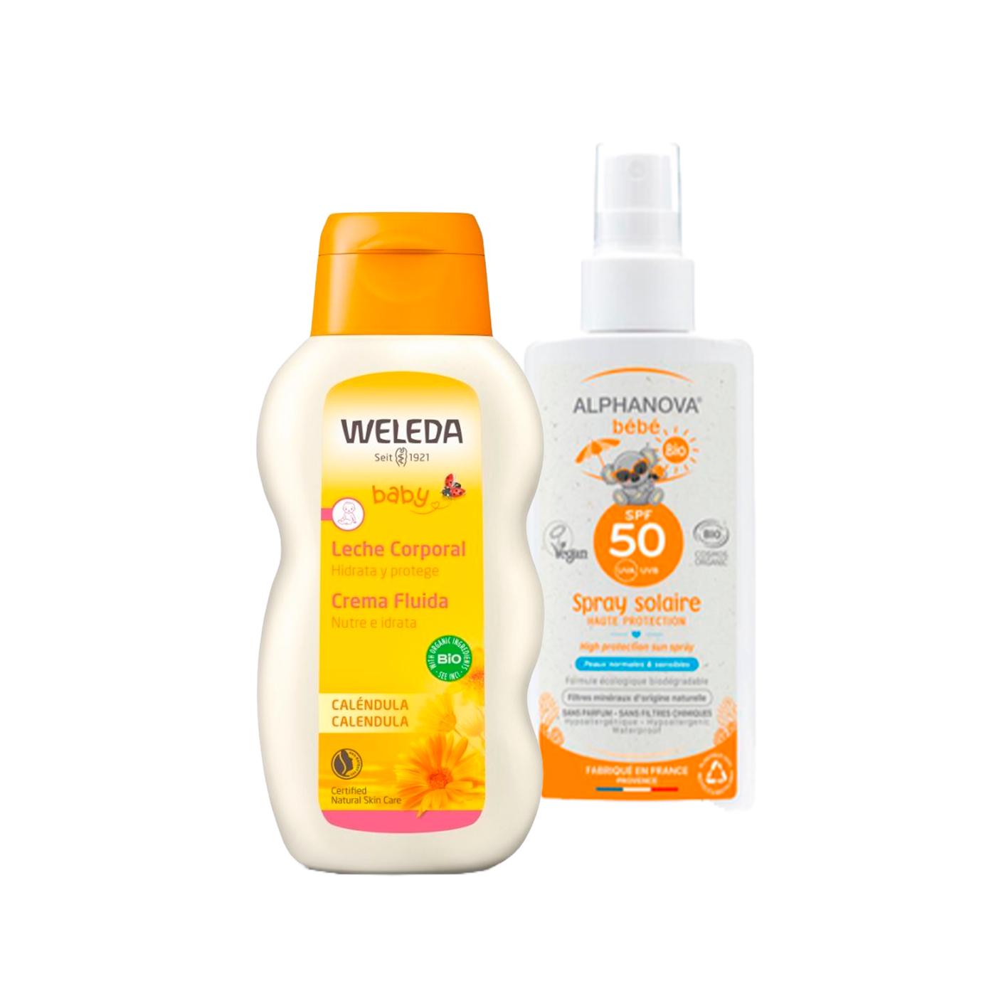 PACOTE DE VERÃO Alphanova Protetor Solar Orgânico para Bebé FPS 50 125 ml + Loção Corporal de Calêndula Weleda, 200 ml