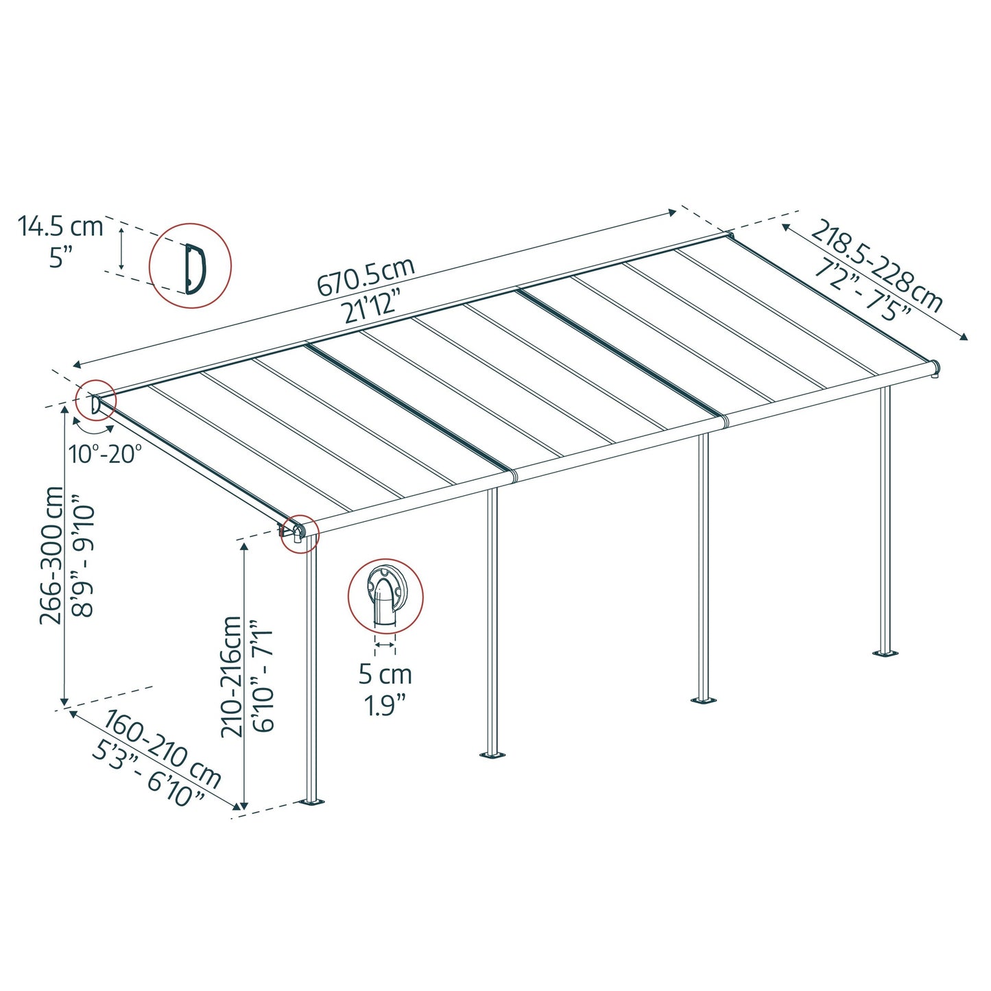 Pérgola anexa Sierra 224x670 cm cinzento