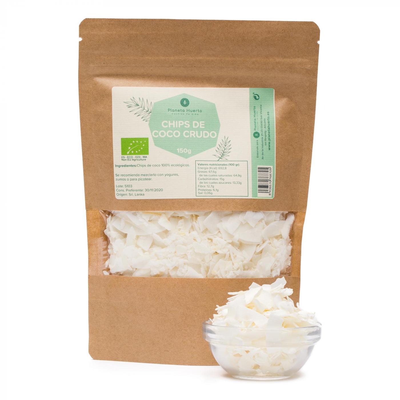 Embalagem com 2 chips de coco sem açúcar da Planeta Huerto, 150 g.