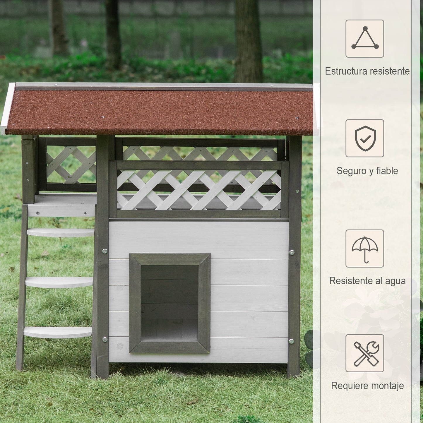 Pawhut Caseta Para Gatos De Madera 77x50x73cm Con Techo Terraza Vallada Blanco_5