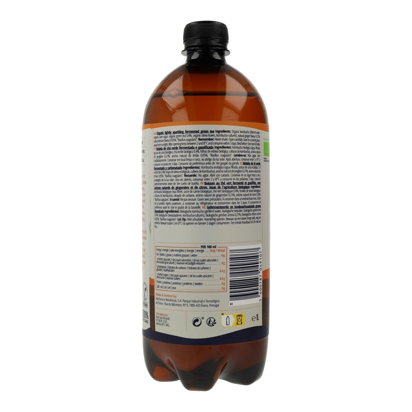 Bebida de Kombucha Biológica de Gengibre e Limão Captain Kombucha 1 L
