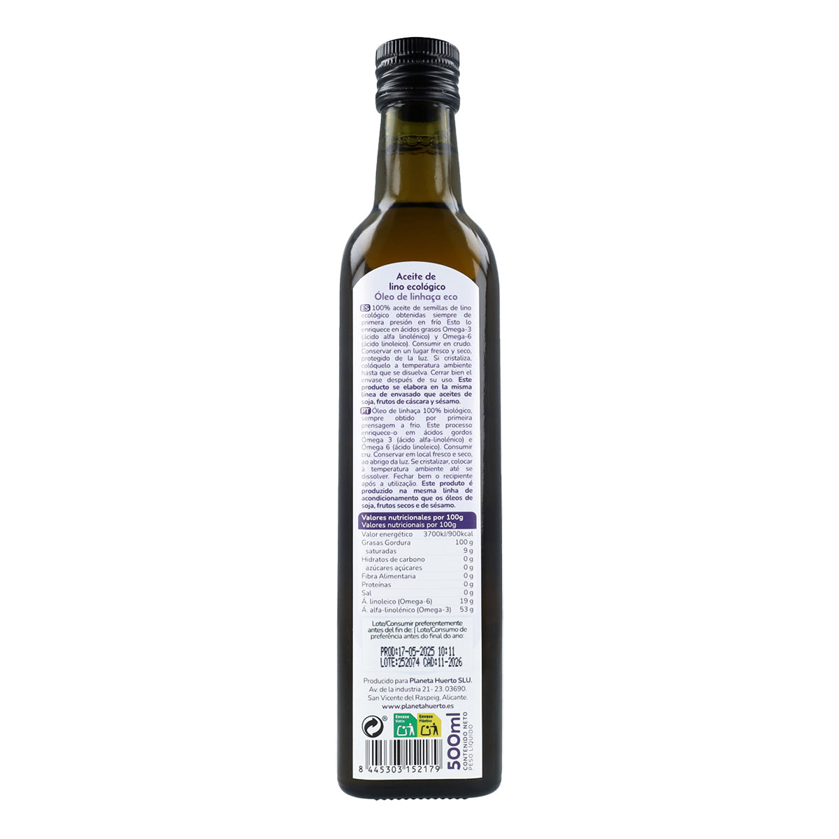 Óleo de Linhaça Prensado a Frio Planeta Huerto ECO 500 ml
