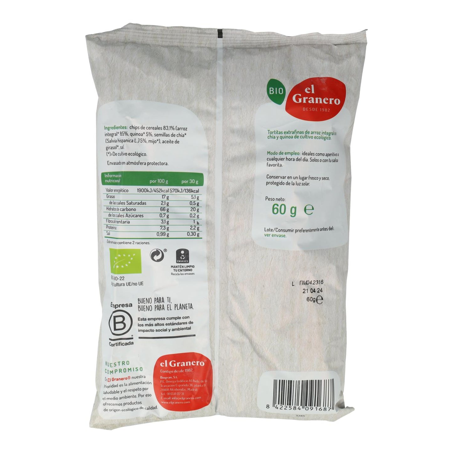 Bolinhos extrafinos de arroz integral, chia e quinoa BIO sem glúten El Granero 60 g