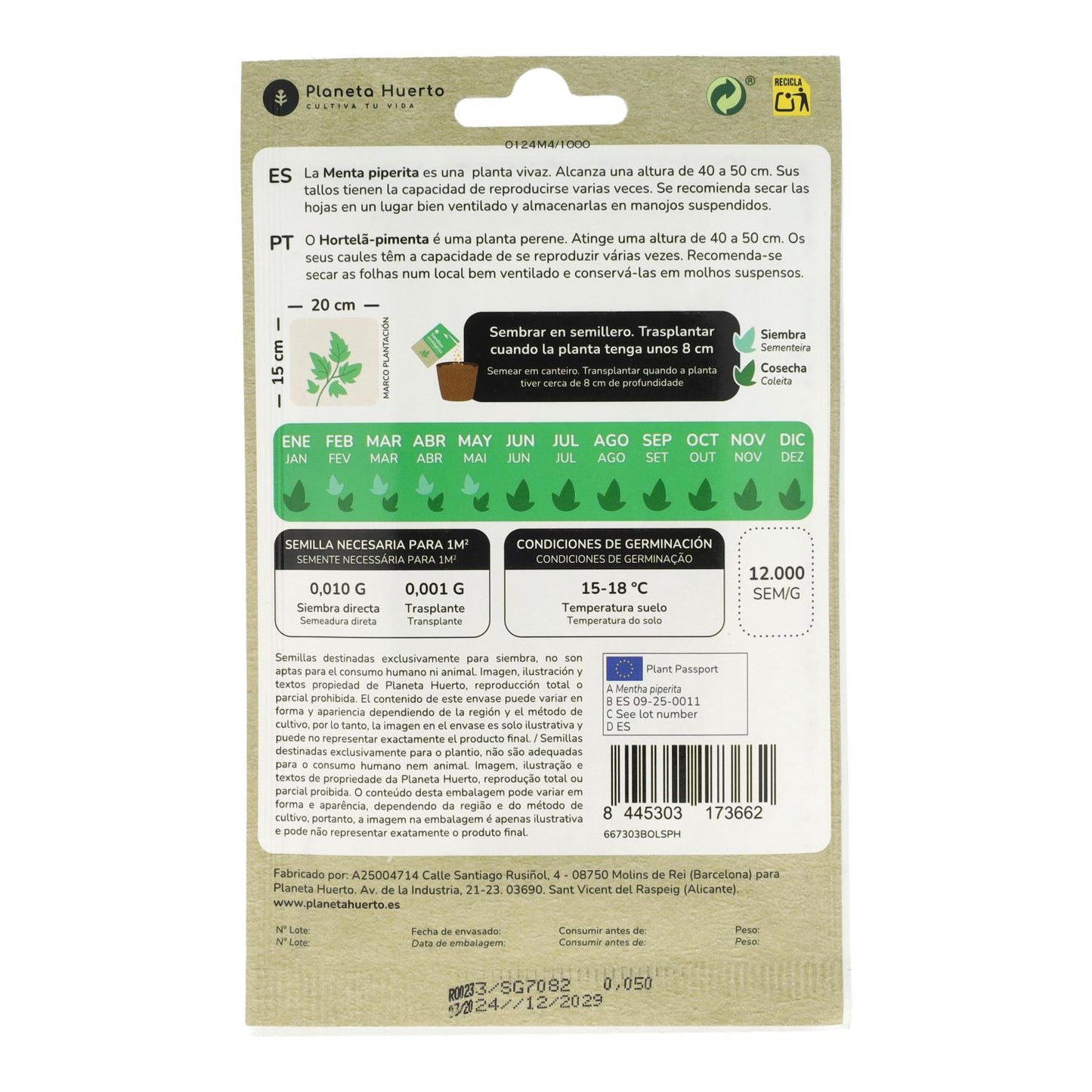 Sementes de hortelã-pimenta biológica da Planeta Huerto