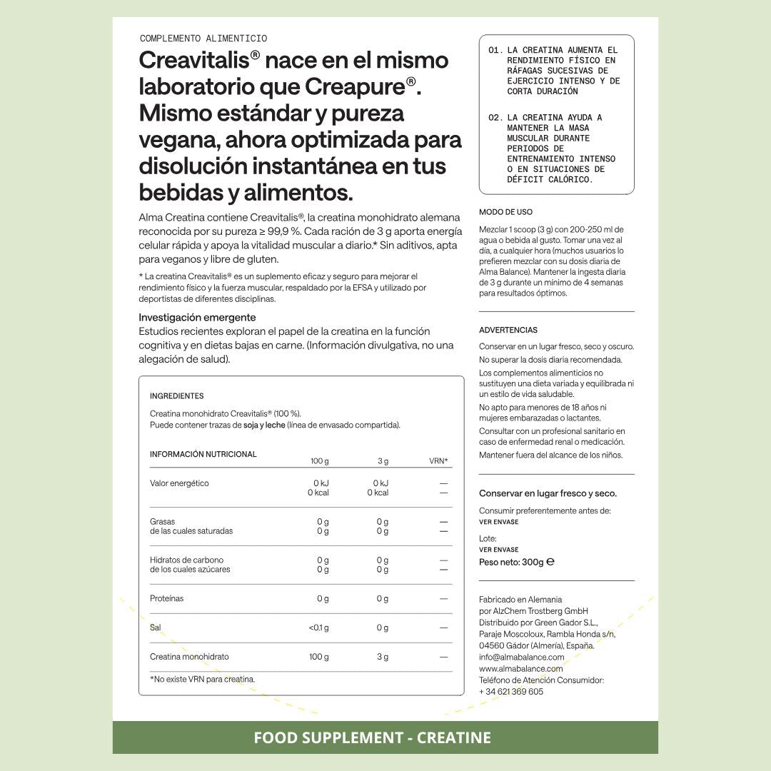 Creatina Monohidratada Creavitalis® Alma® 300 G 99,9% Pureza | Vegana, Sin Gluten Ni Lactosa | 100 Dosis_5