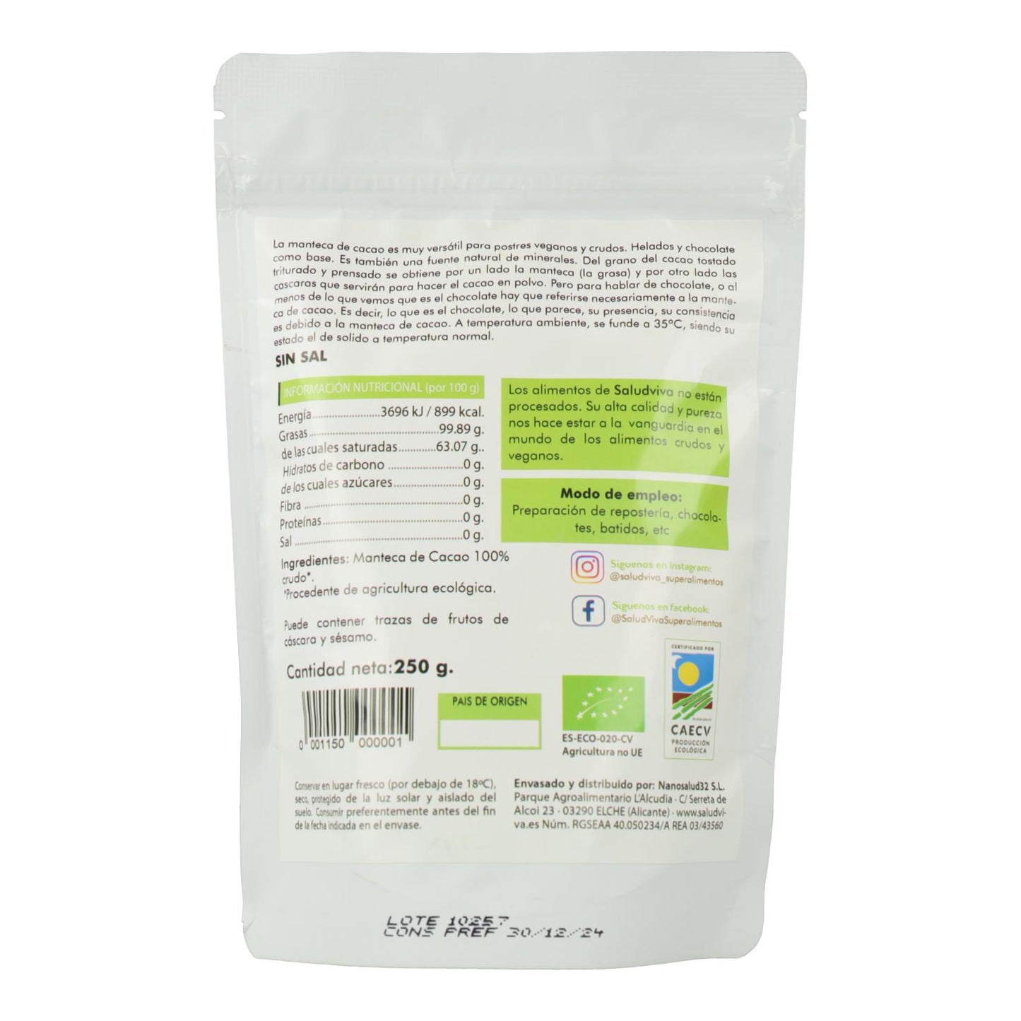 Bolachas de Manteiga de Cacau Biológica 250g, Salud Viva