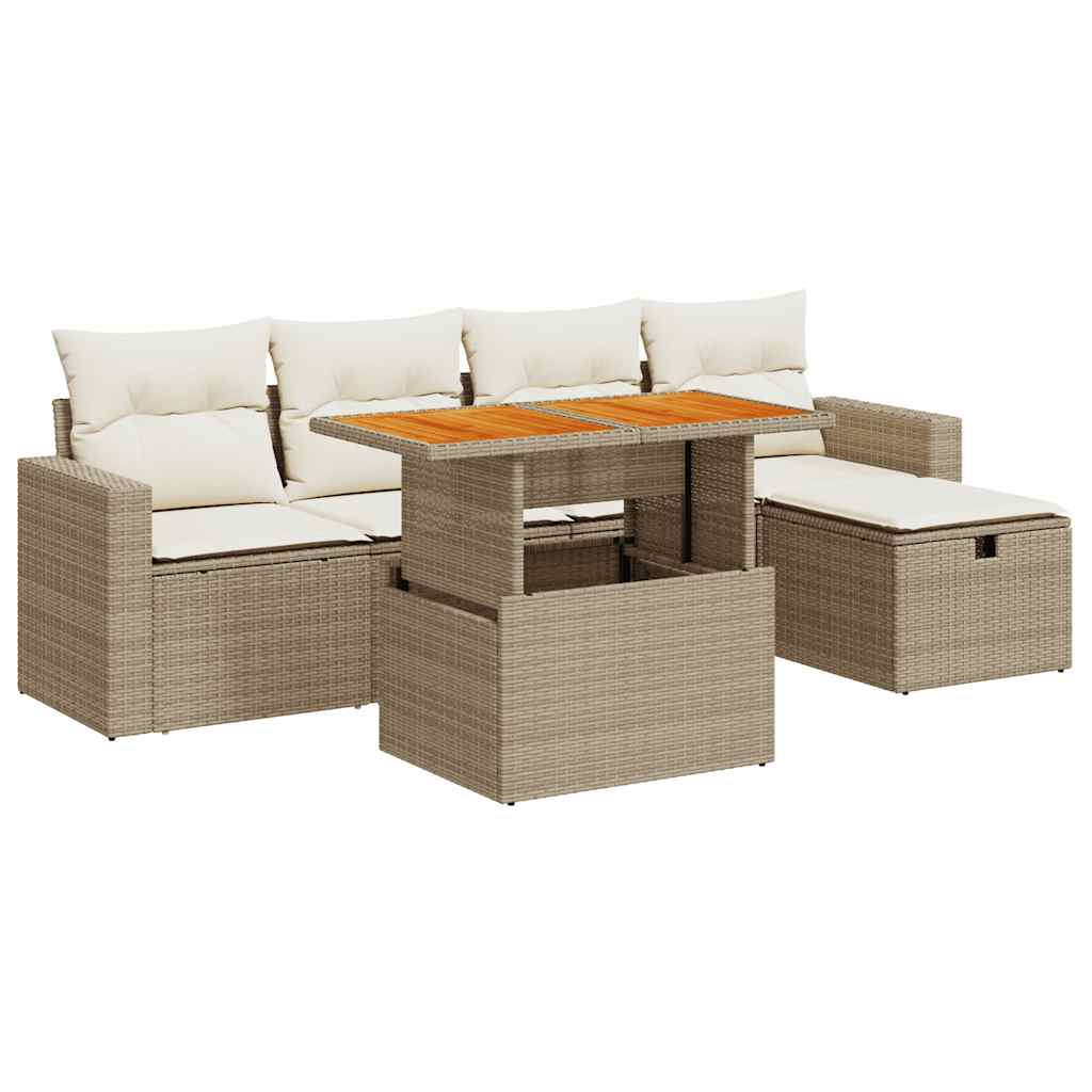 Set Sofás Jardín Y Cojines 6 Pzas Ratán Sintético Acacia Beige / Vetonek_5