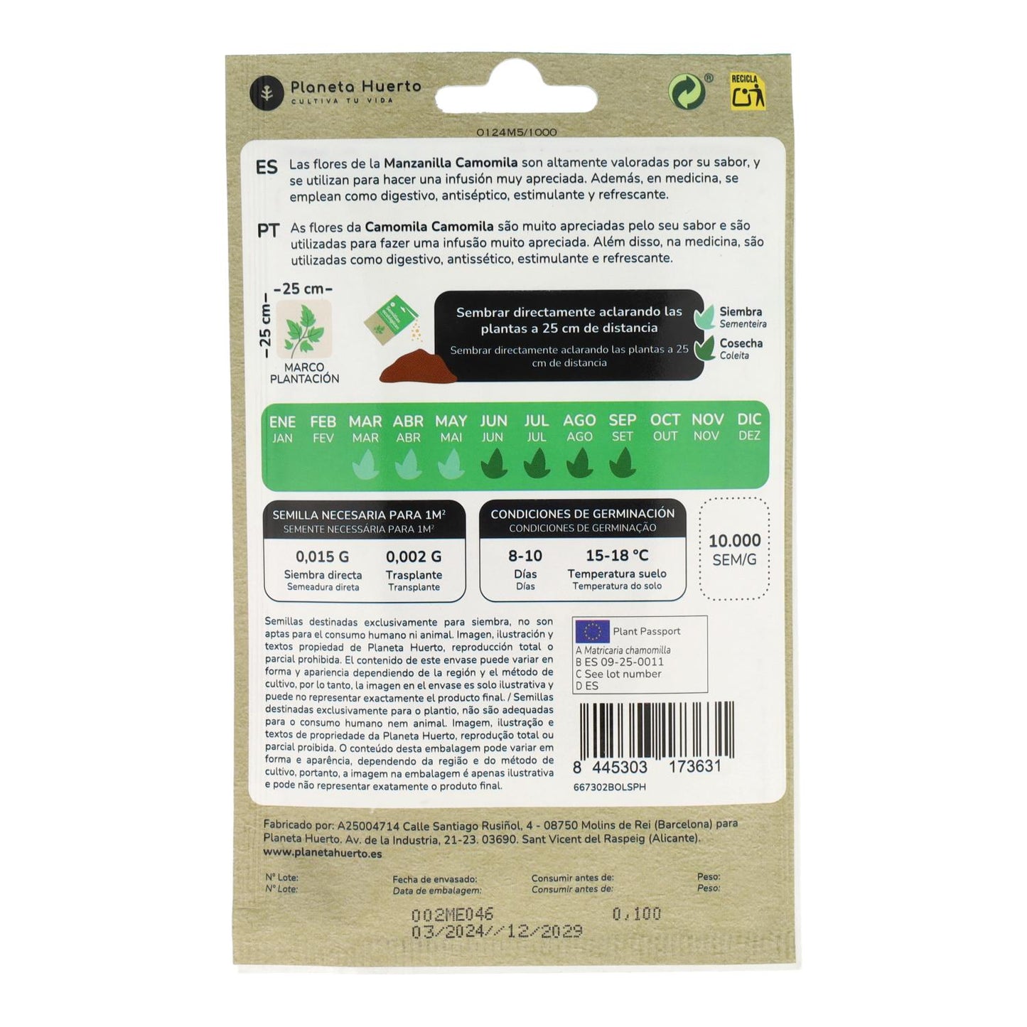 Sementes de Camomila Biológica Planeta Huerto