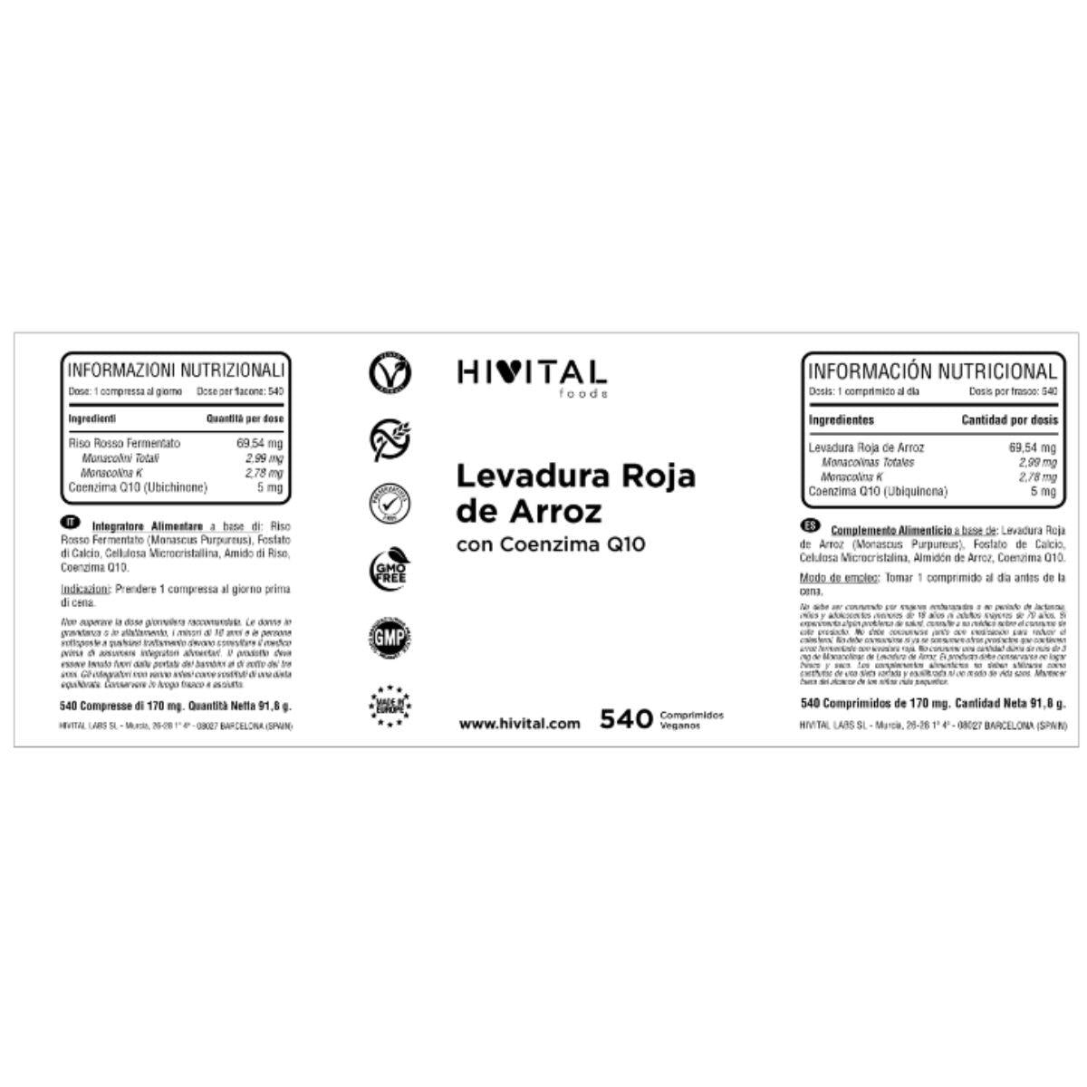 Arroz Vermelho Fermentado com Coenzima Q10 Hivital 540 cápsulas vegan