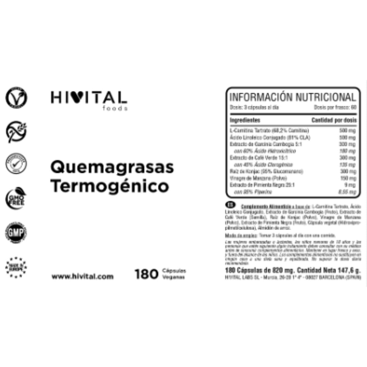 Queimador de gordura termogénico queima gordura 180 cápsulas vegan Hivital