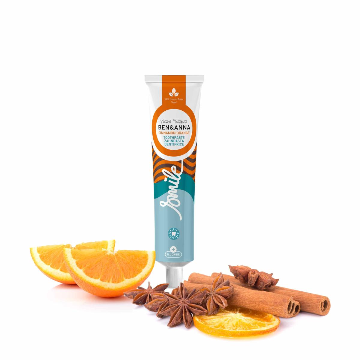 Ben & Anna Pasta de dentes com flúor, canela e laranja, tubo de 75 ml