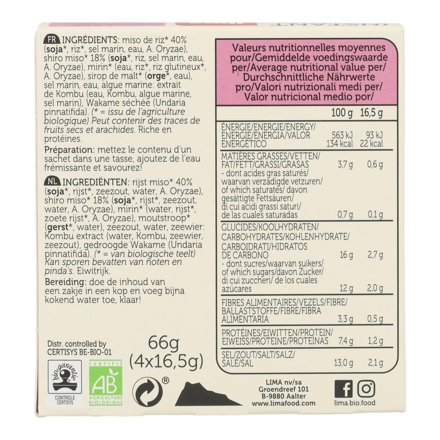 Sopa instantânea de miso branco biológico Shiro Lima, 4x16,5g