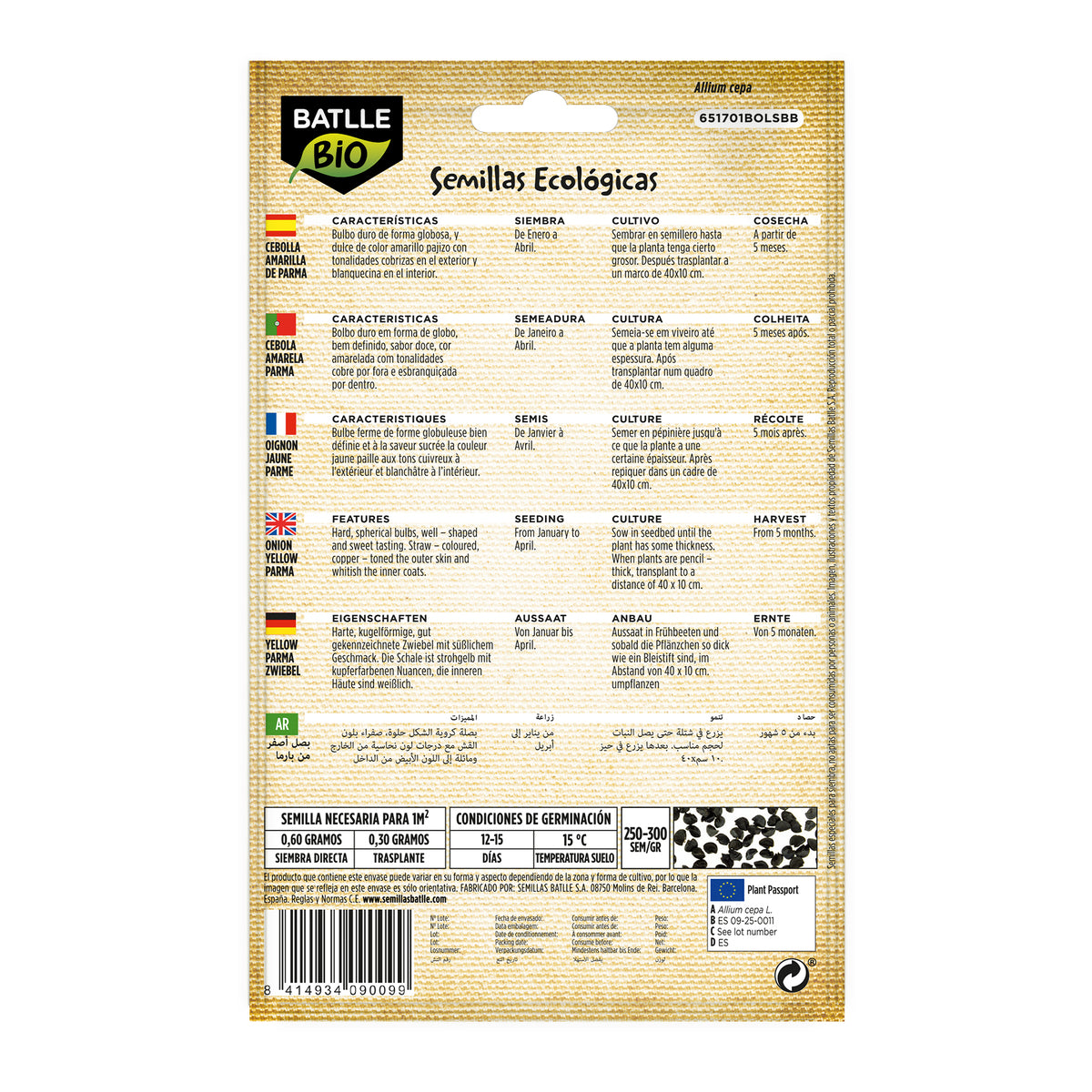 Sementes de cebola amarela Parma biológicas Batlle