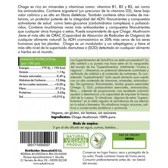Chaga mushroom 100 g, Salud Viva