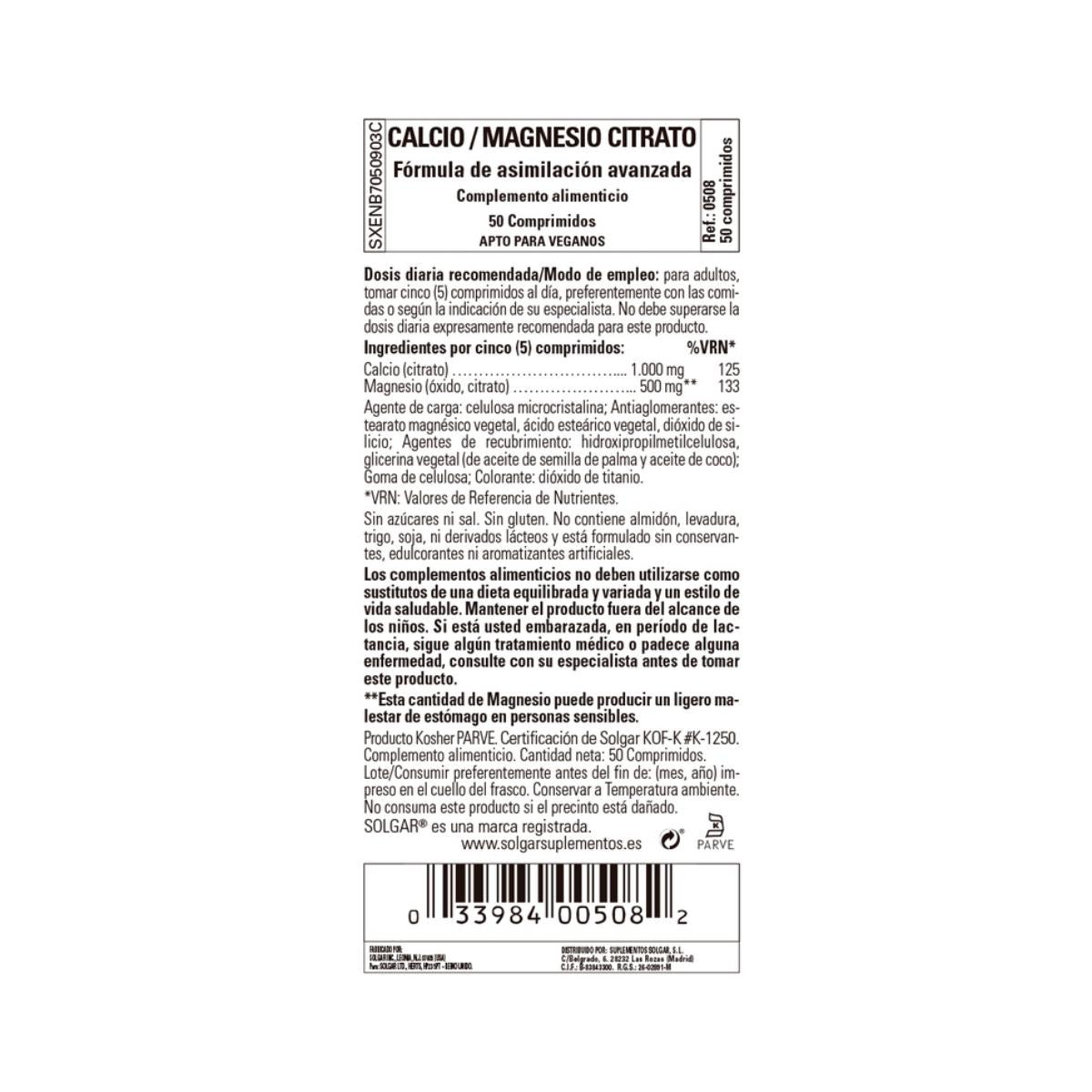 Citrato de cálcio e magnésio Solgar 100 comprimidos