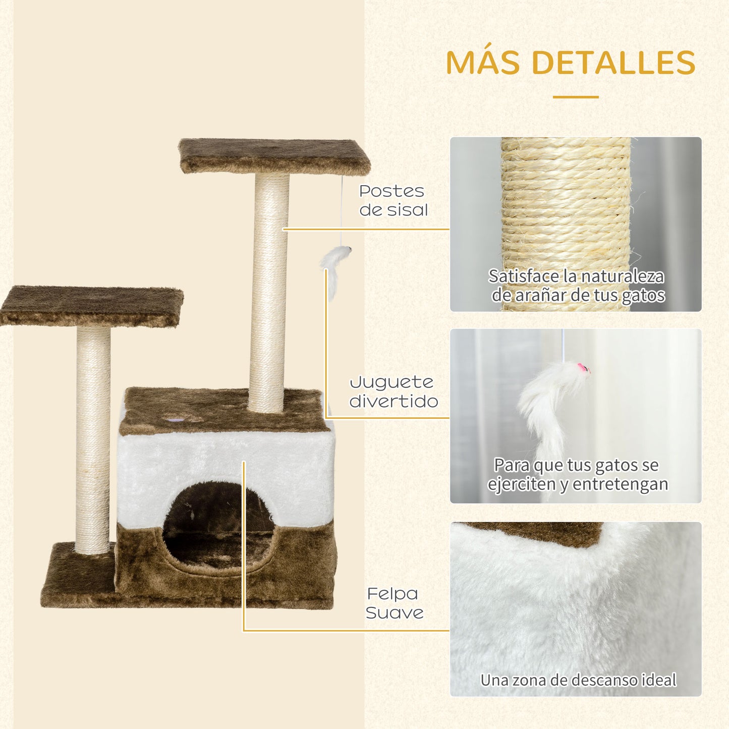 Pawhut Árbol Rascador Gatos 70 Cm Con Cueva 2 Plataformas Postes De Sisal Marrón_5