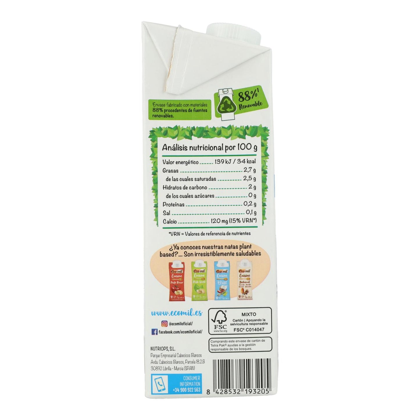 Embalagem de 6 bebidas de coco com cálcio sem açúcar Ecomil 1L