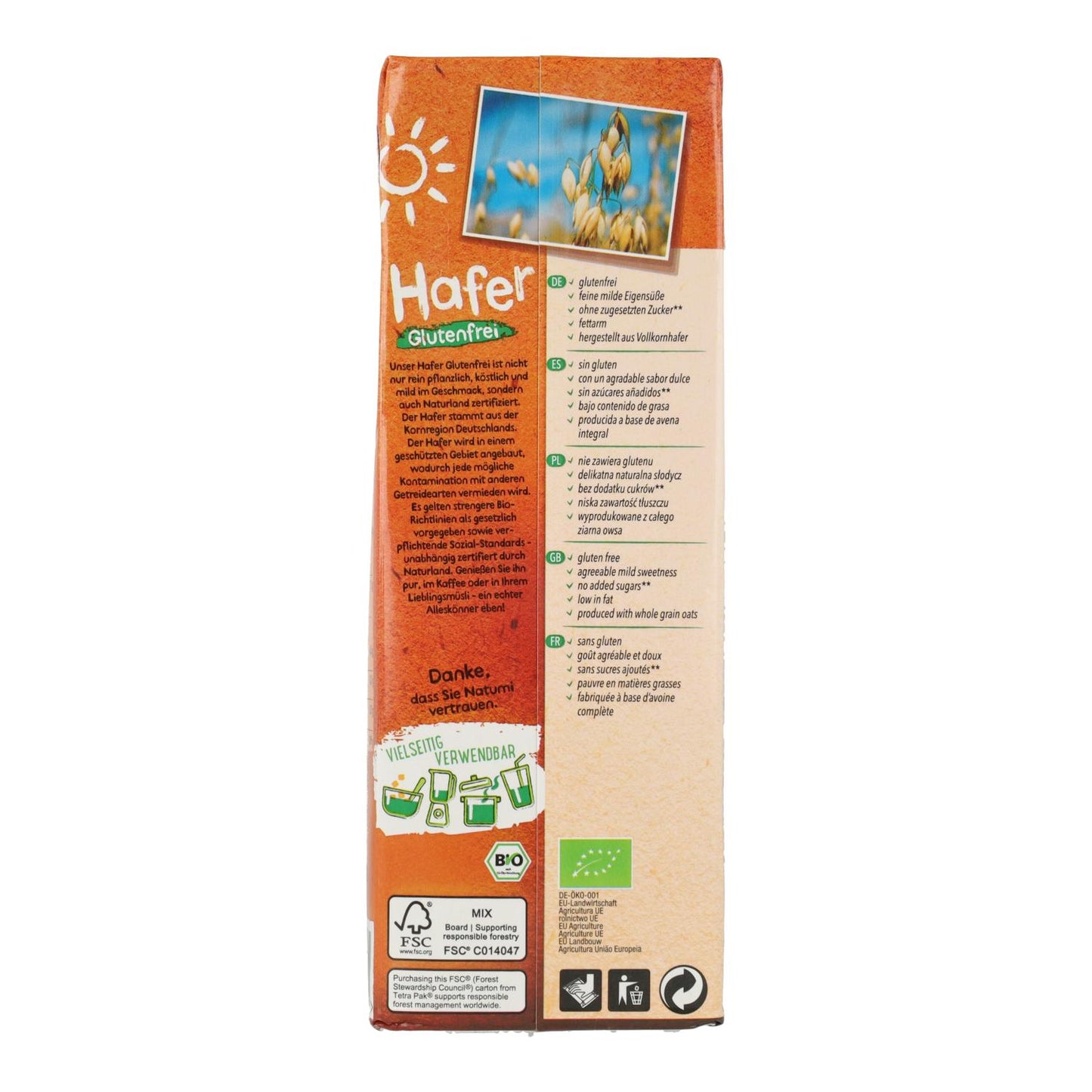 Pack de 8 Bebidas de Aveia Biológica Sem Glúten Natumi, 1 L