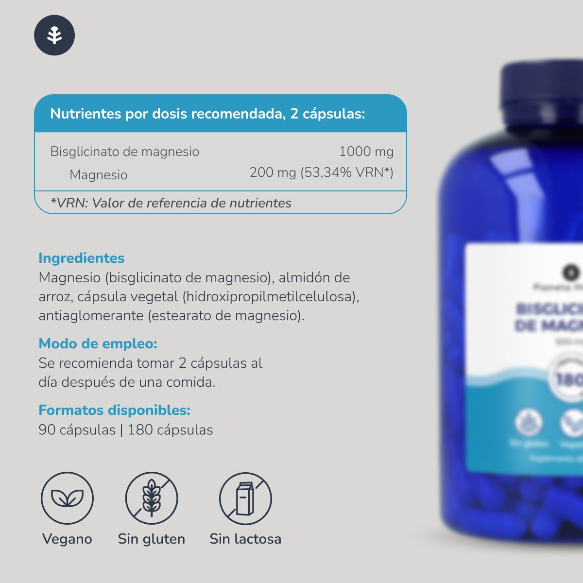 Embalagem 2xBisglicinato de Magnésio 500 mg Planeta Huerto 180 cápsulas